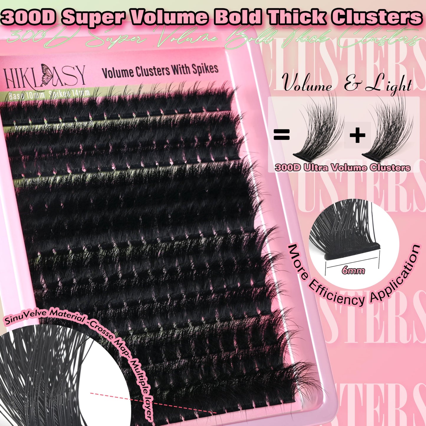 Thick Lash Clusters 300D Extra Volume With Spikes,14-22mm Dramatic Mega D Curve Glam Looking,Full & Bold Cluster Eyelash Extensions,Locked Band No Shedding,Reusable Faux Mink Cluster Lashes-Hiklasy