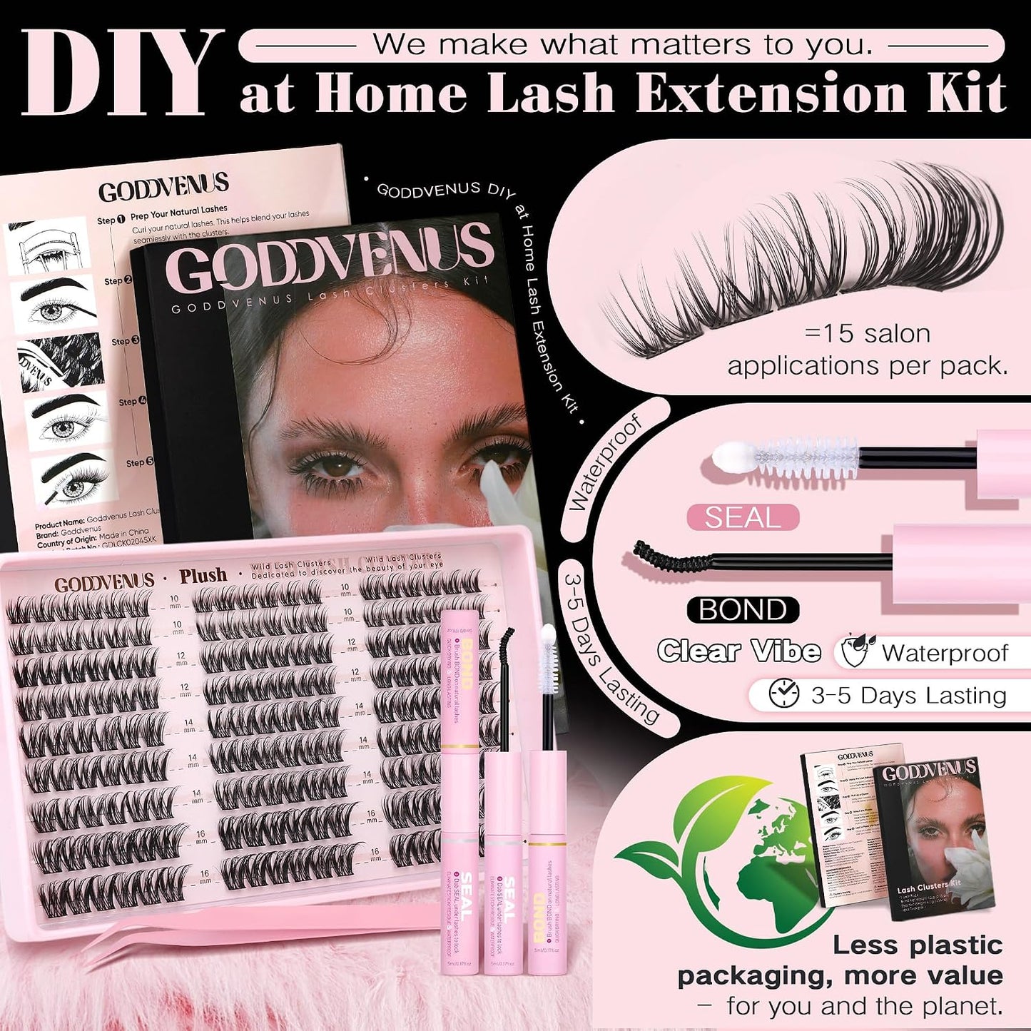 Plush Lash Clusters Kit - Natural Wispy Eyelash Extensions for DIY Home Use | D Curl Individual Lashes with Waterproof Bond