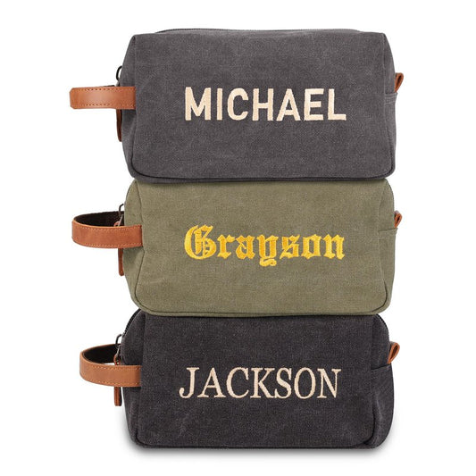Fincekoom Personalized Embroidered Travel Toiletry Bag for Men, Custom Canvas Shaving Dopp Kit with Name, Customized Fathers Day Toiletry Bags Gifts for Husband Dad Grandpa Boyfriend