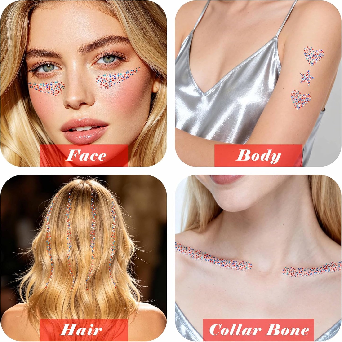 Star Shaped Red White and Blue Body Glitter Gel - 50g Patriotic Face & Hair Glitter for 4th of July Outfits