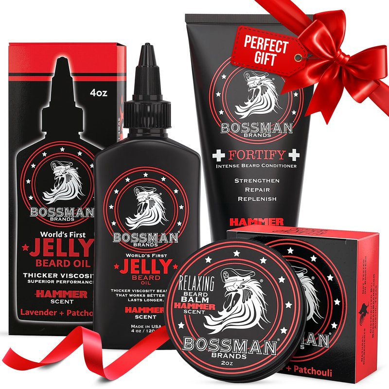 Bossman Essentials Beard Kit for Men, Set of 3 - Beard Oil Jelly, Fortifying Conditioner Cream, Beard Balm - Grooming Growth Care Accessories - Gift Set for Men (Hammer)