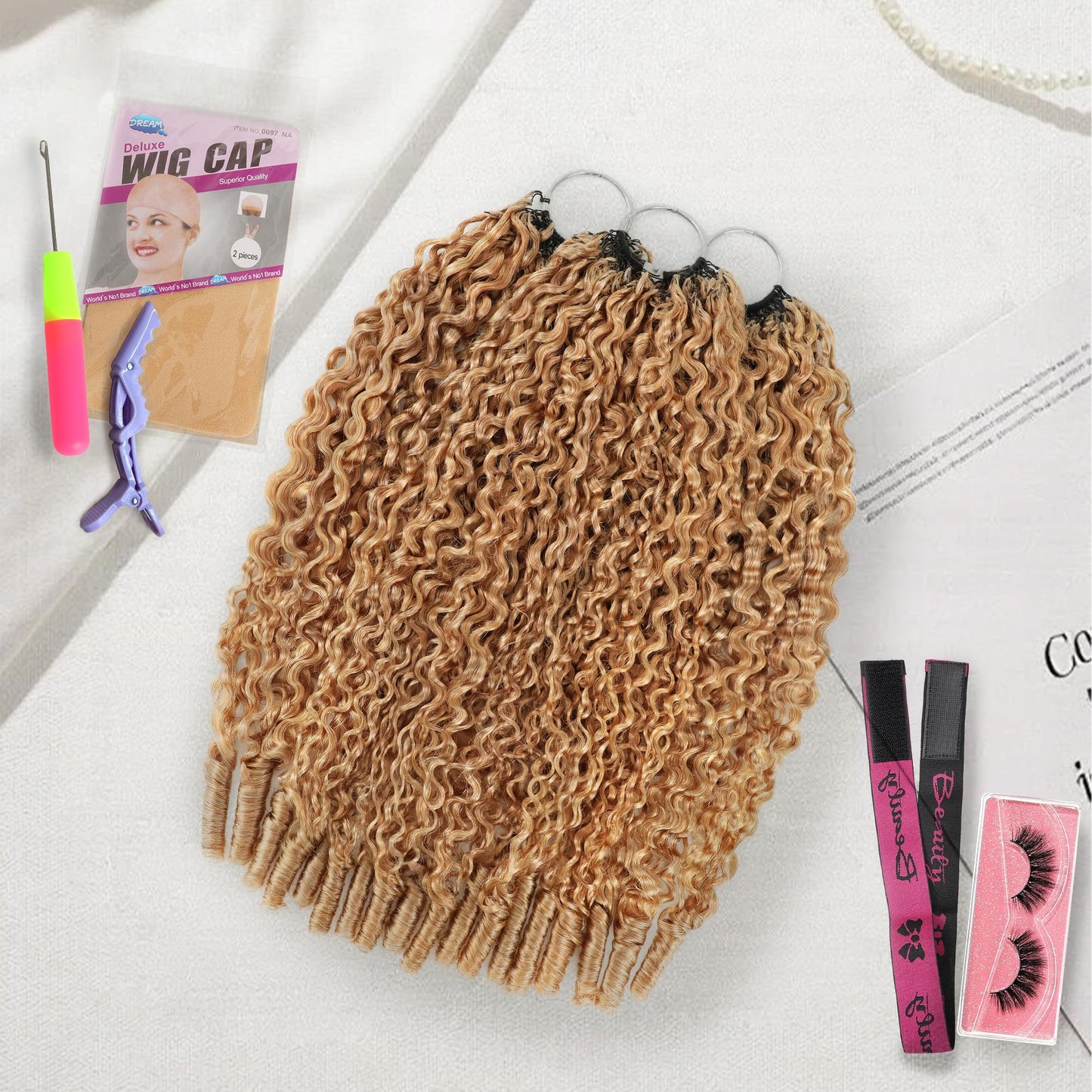 KULYMUWIG Honey Blonde Burmese Curly Crochet Human Hair 18 Inch 180g Pre-Separated Feather Human Crochet Hair Bundles 27# Invisible Miracle Knots Hair Extensions