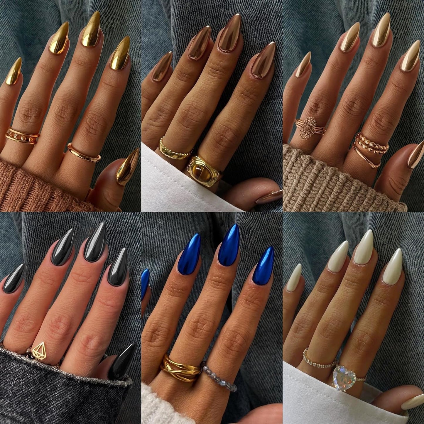 KQueenest Cat Eye Press On Nails - Glitter Almond Medium | 96 Pcs Sparkle Chrome Fake Nails for Women