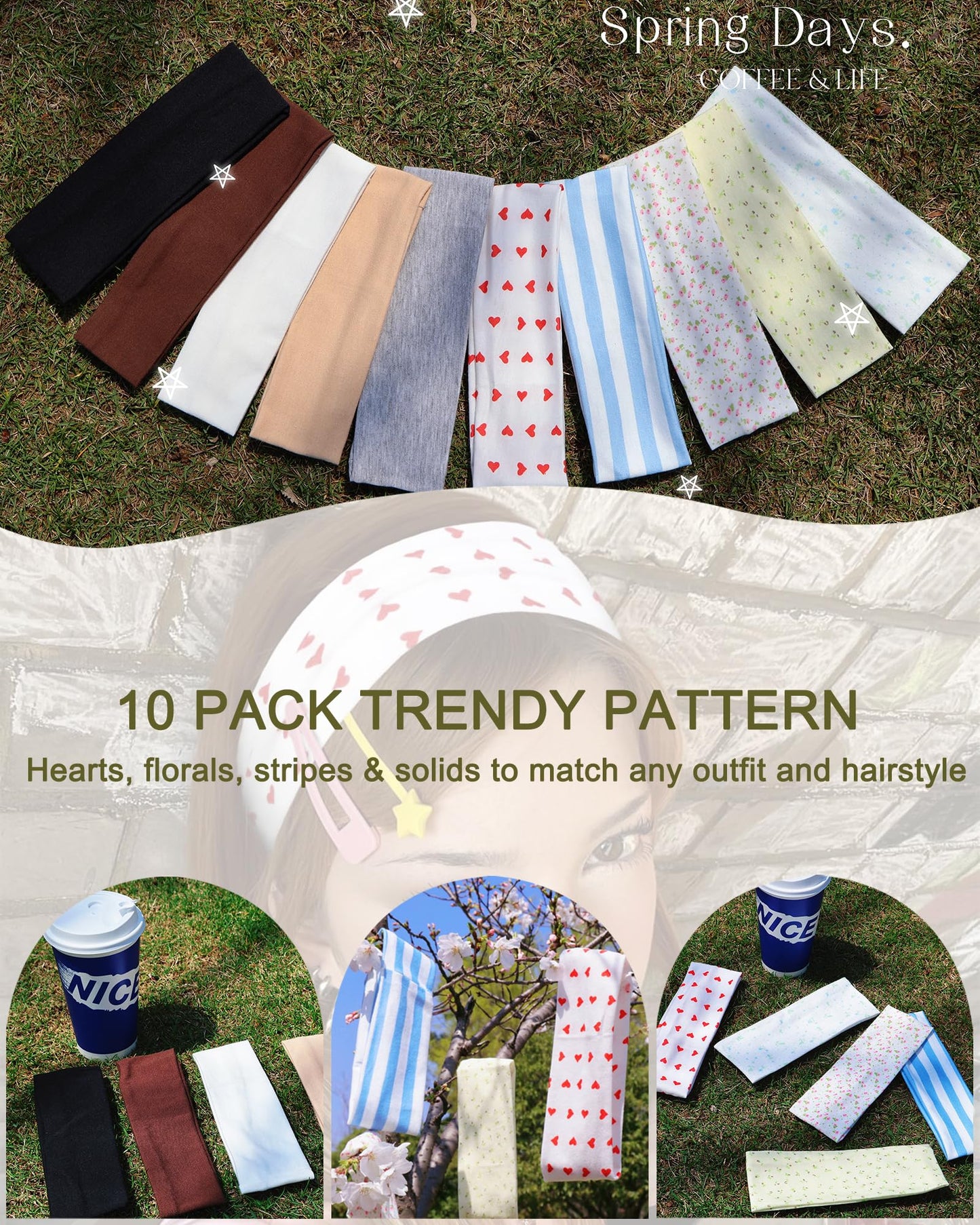 10 Pack Cute Headbands for Women Non Slip Thin Hair Bands Workout Head Bands Girls Fashion Cotton Floral Striped Fabric Stretchy Sport Headband Yoga Running Spa Makeup Everyday Wear Hair Accessories
