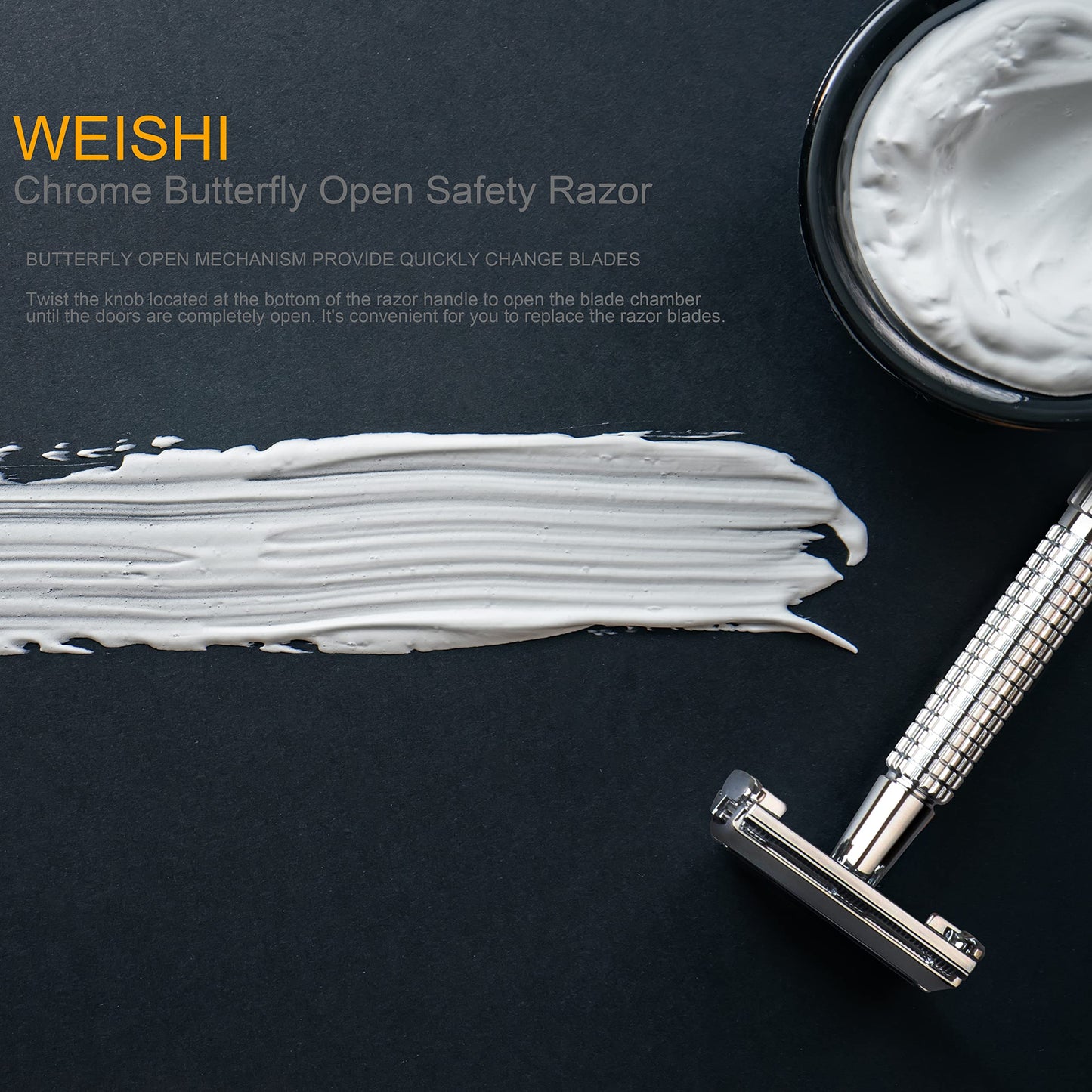 WEISHI Butterfly Open Double Edge Safety Razor for Men, Chrome Short Handle with 5 Stainless Razor Blades Included, Reusable Wet Shave Tool for Smooth, Close Shave