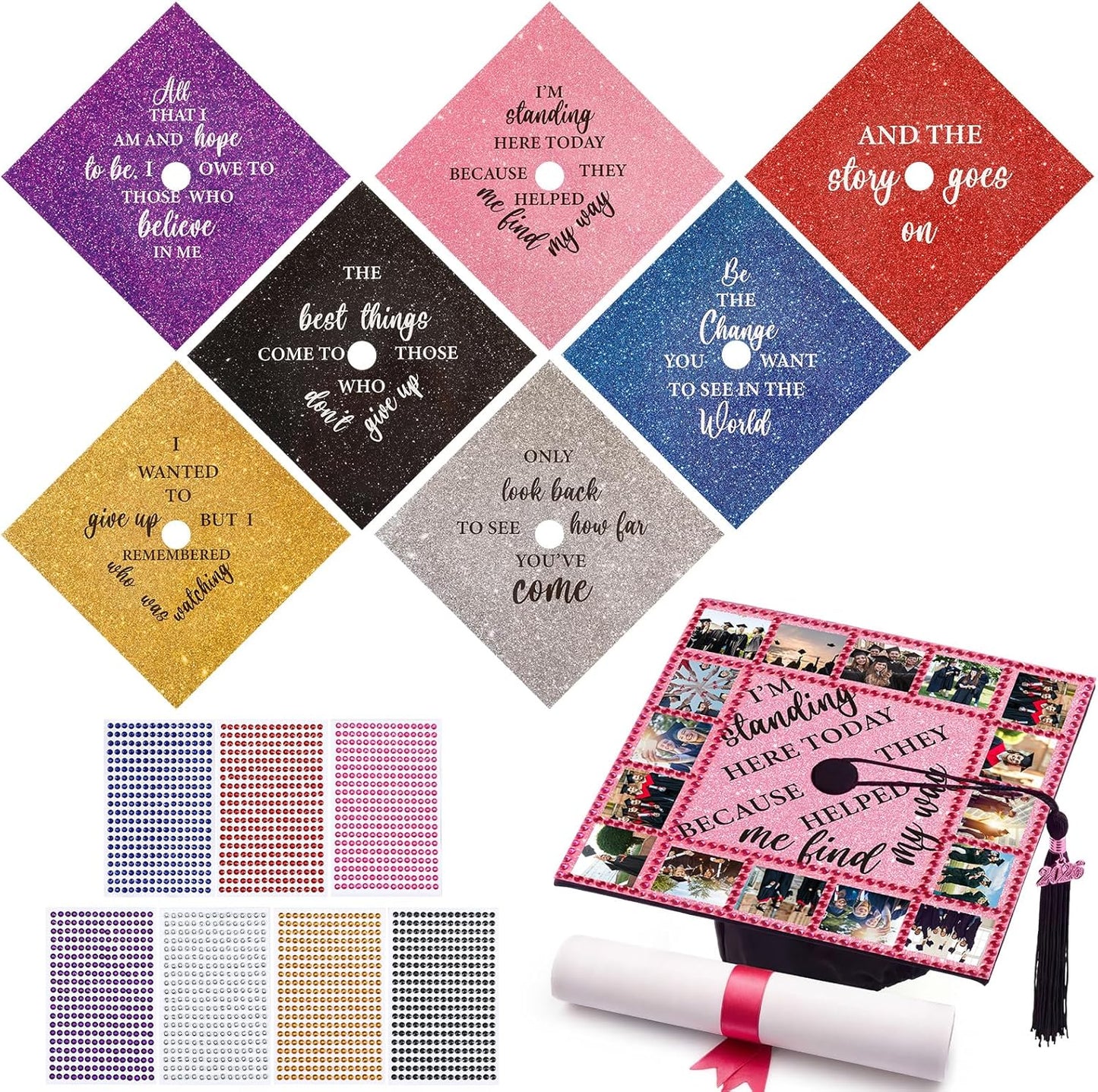 Personalized Graduation Cap Topper - 14 Pcs DIY Glitter Decorations | Includes 7 Pearl Stickers for 2026