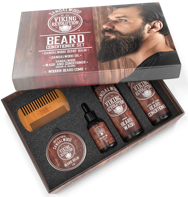 Viking Revolution Ultimate Conditioner for Men's Beard Grooming - Softens, Smoothes and Soothes Beard Itch- Contains Wash, Conditioner, Oil, Balm and Comb- Sandalwood Scent