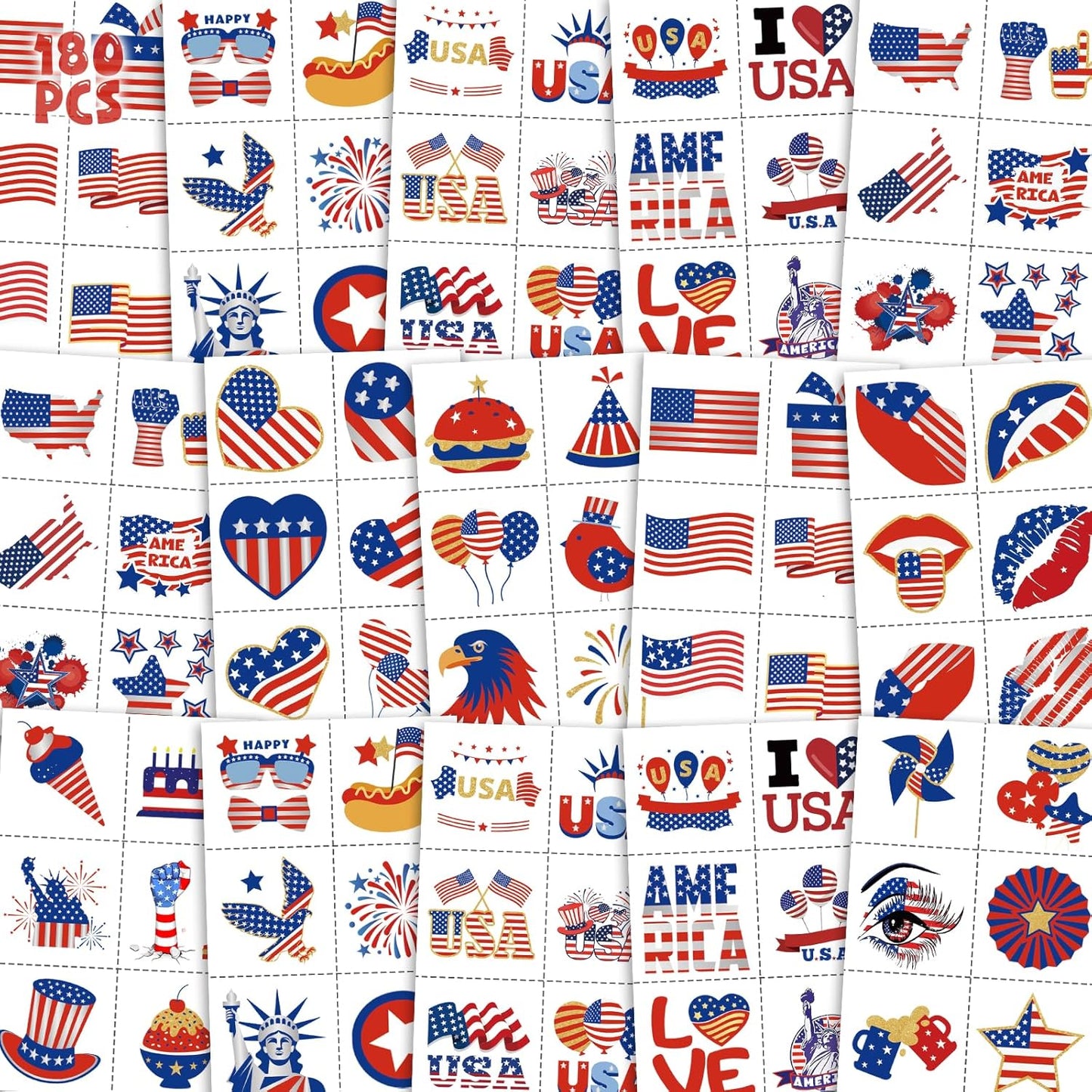 Patriotic Temporary Tattoos - 180 Pcs Red, White & Blue USA Flag Designs | Perfect for 4th of July Celebrations