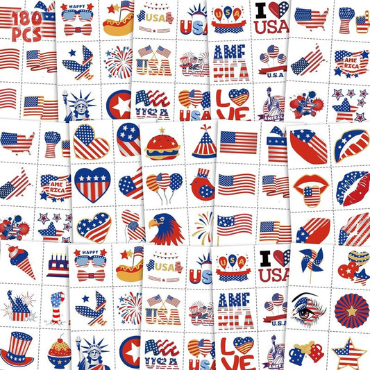 Patriotic Temporary Tattoos - 180 Pcs Red, White & Blue USA Flag Designs | Perfect for 4th of July Celebrations