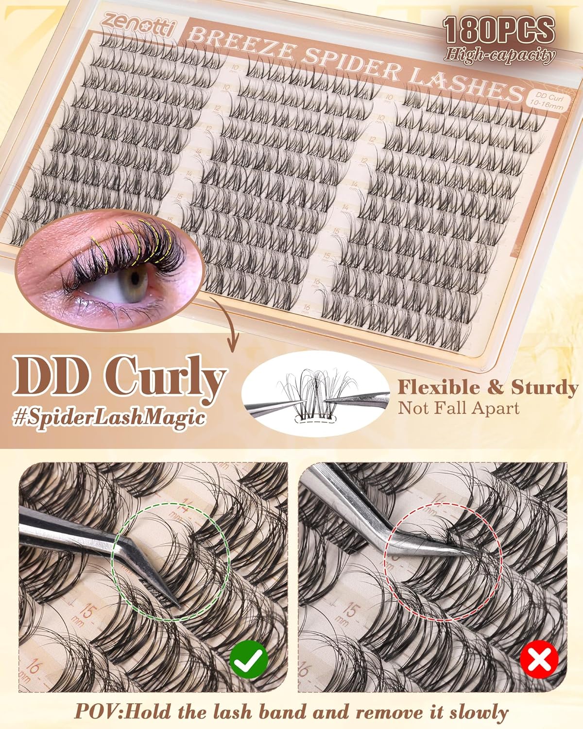 Natural Eyelash Clusters - Spider Breeze DD Curl 180PCS Wispy Extensions | Kim K Style with Invisible Band
