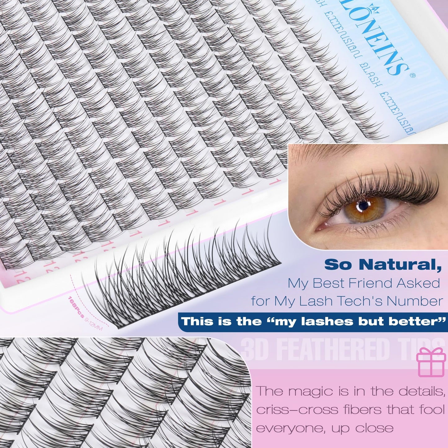 TNFVLONEINS Natural Lash Clusters Wispy Eyelash Clusters 9-12MM Short Lashes Clusters 168Pcs Cluster Eyelash Extensions Natural Look Individual Lashes Extensions DIY Cluster Lash Extensions