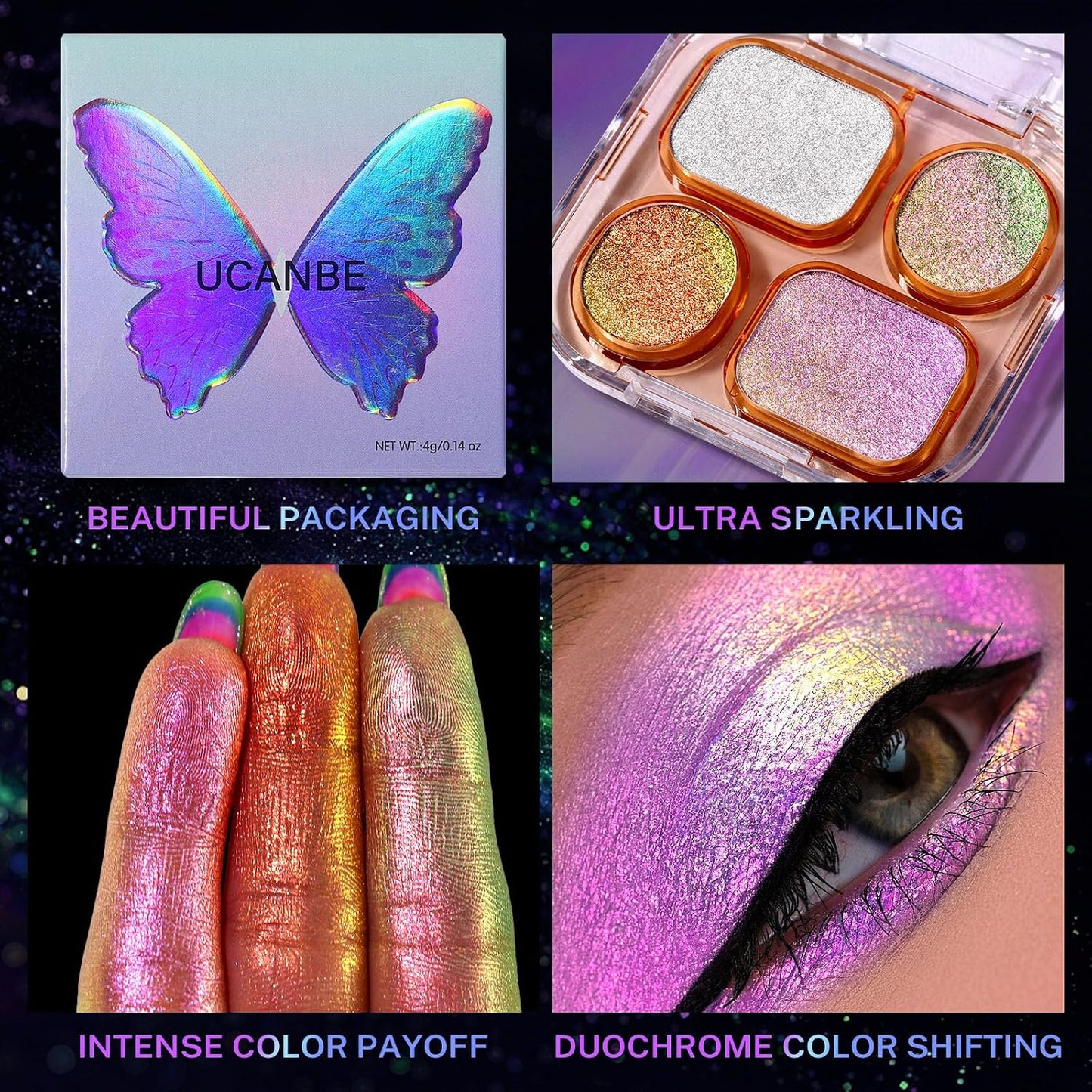 Chameleon Shimmer Eyeshadow Palette - 4 Colors Metallic Glitter | High Pigment Multichrome Eye Makeup Kit