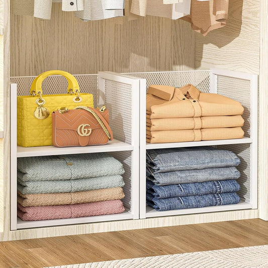 2-Tier Stackable Closet Organizers - Wire Shelf Storage Bins for Clothes | White Multifunctional Cube for Wardrobe & Laundry Room