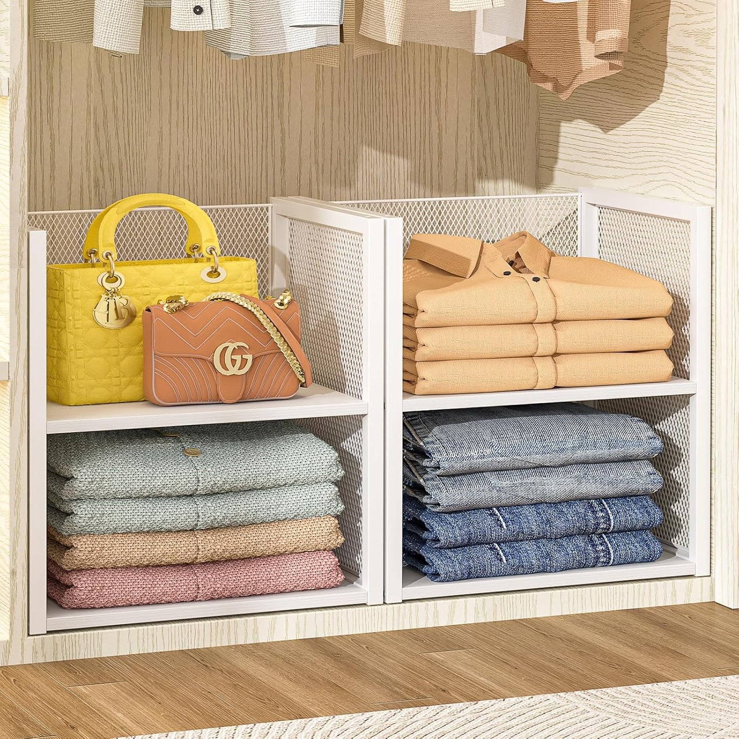 4-Tier Stackable Closet Organizer - Multifunctional Wire Storage Bins for Wardrobe, Kitchen & Laundry | White