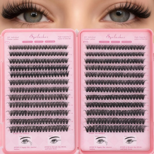Manga Lash Clusters, 640 Pcs Eyelash Clusters Individual Lash Extension Kit D Curl Fluffy Wispy False Eyelashes Extensions Thin Band (50D+60D)