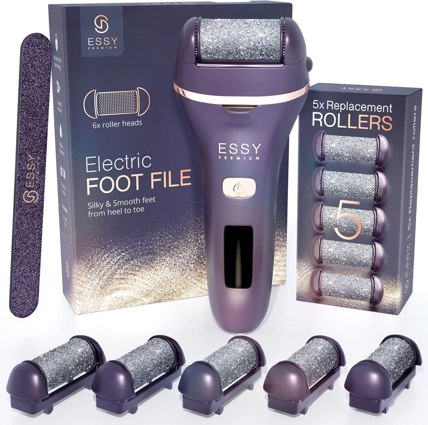 Rechargeable Electric Foot File - Waterproof Callus Remover with 5 Replacement Rollers | Cordless, 2 Speeds, LED Display, USB Charging (White)