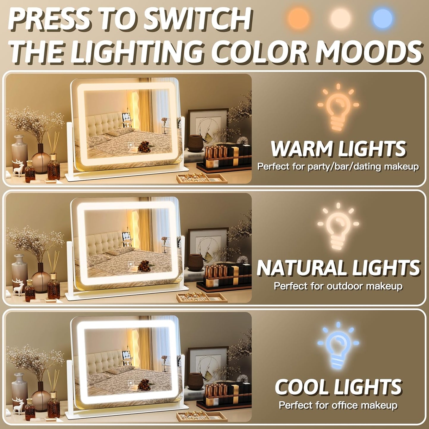 Lighted Makeup Mirror with Smart Touch Control - 12" x 16" LED Vanity Mirror, 3 Color Modes, 10X Magnification, 360° Rotation