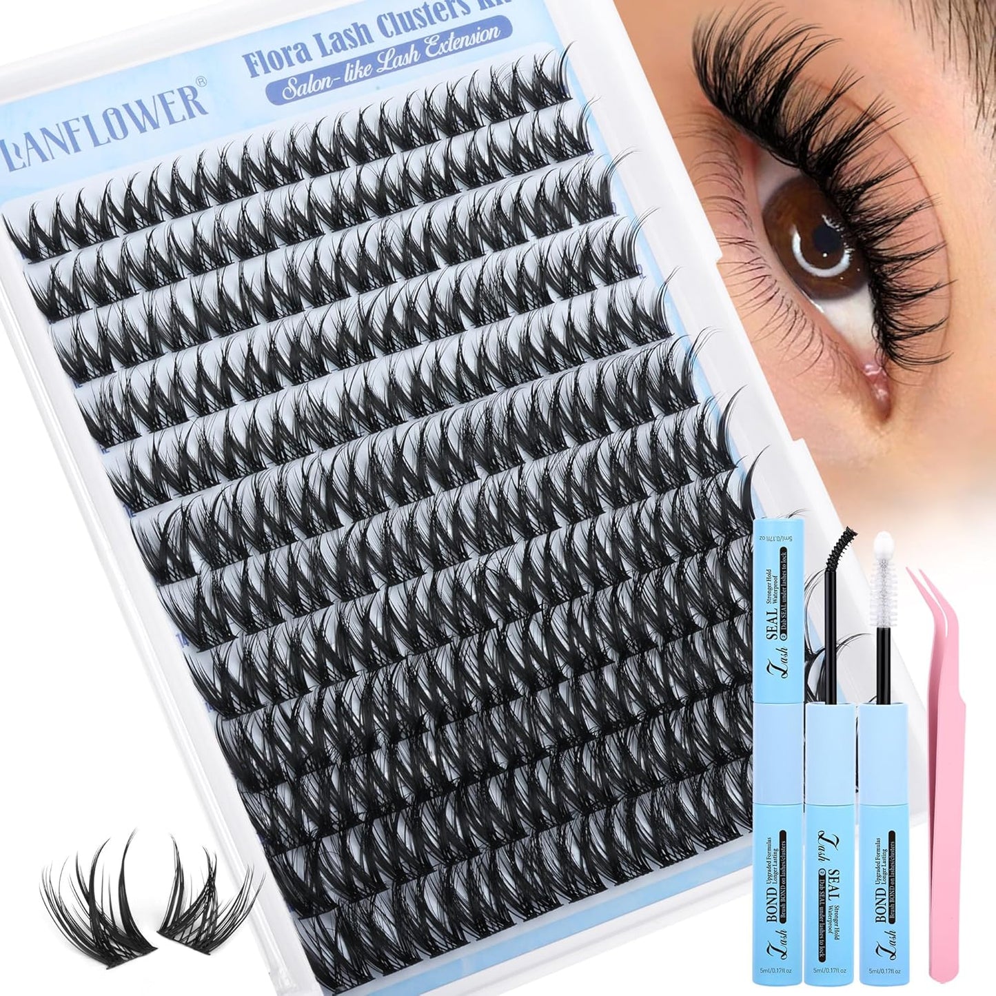 Natural Lash Clusters Kit - Wispy C Curved Eyelash Extensions | 8-16mm Individual Lashes with Bond & Tweezers