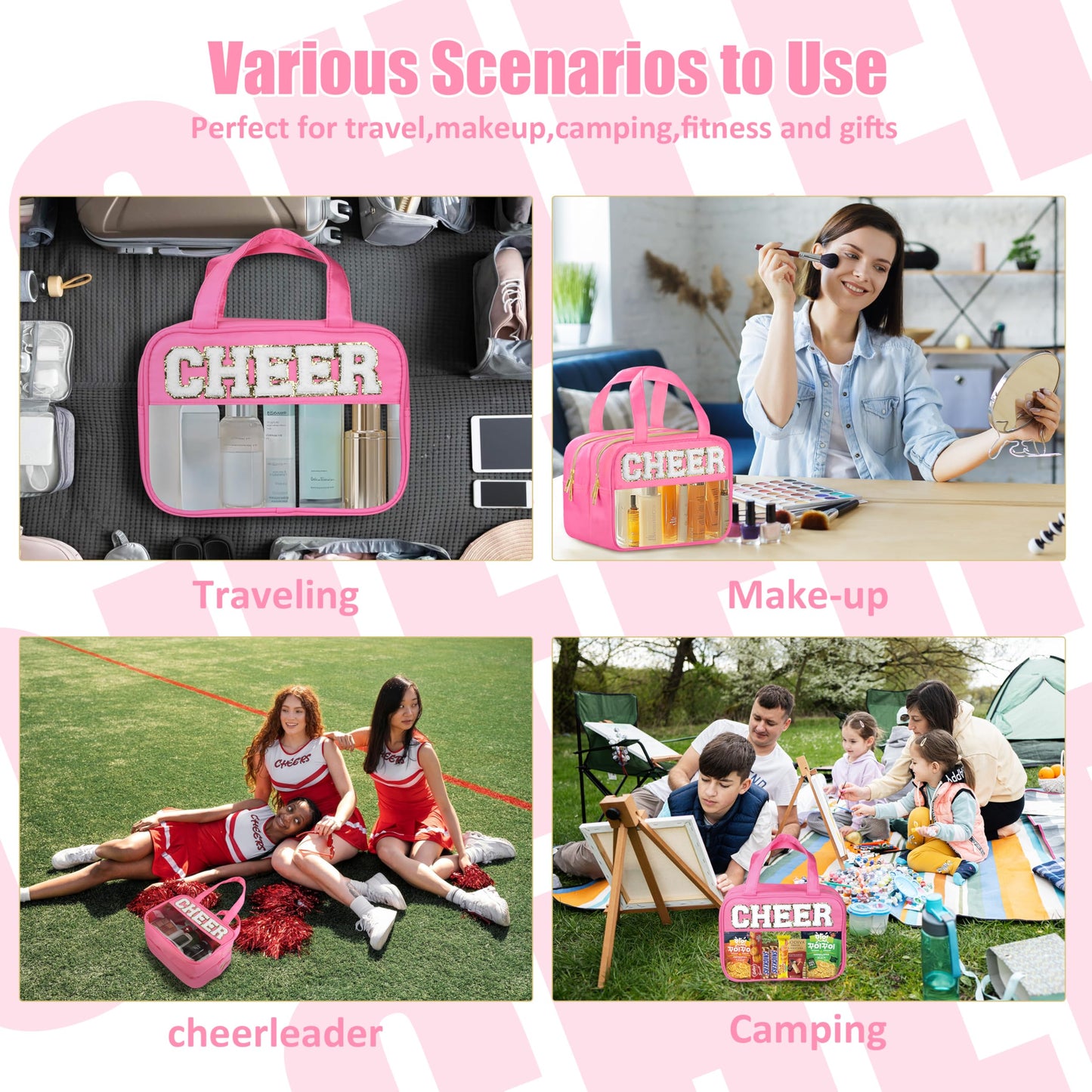 BuyCard Cheer Chenille Letter Bags Clear Makeup Bag for Travel, Cheerleader Gifts Cosmetic Bag with Handles and Zipper, Nylon & PVC Waterproof Large Cheer Accessories Toiletry Bag for Women