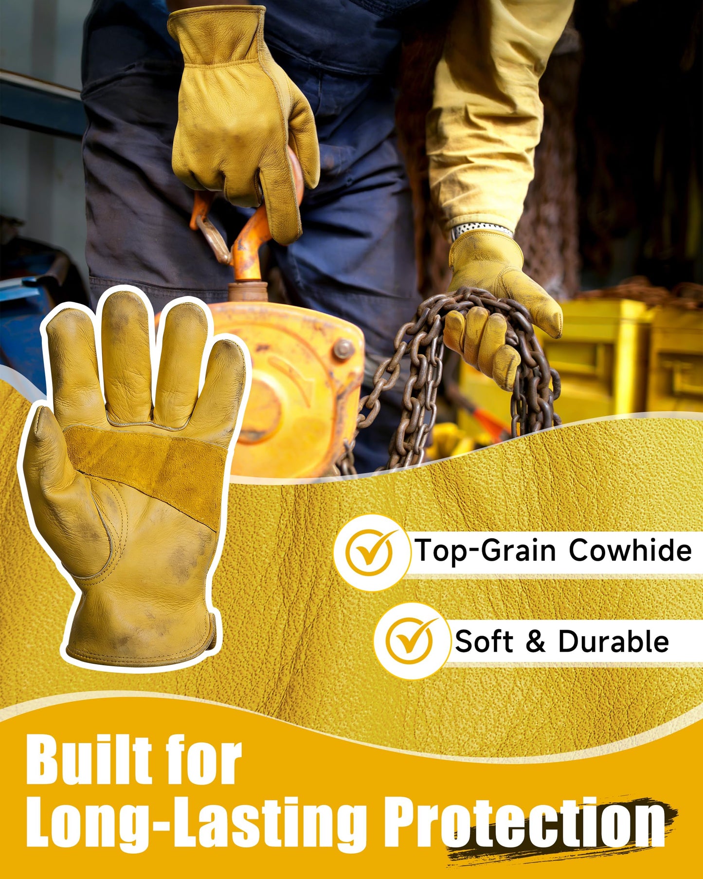 DULFINE Leather Work Gloves for Men & Women, Reinforced Durable Gardening Gloves,Cowhide Work Gloves,Puncture & Cut Resistant