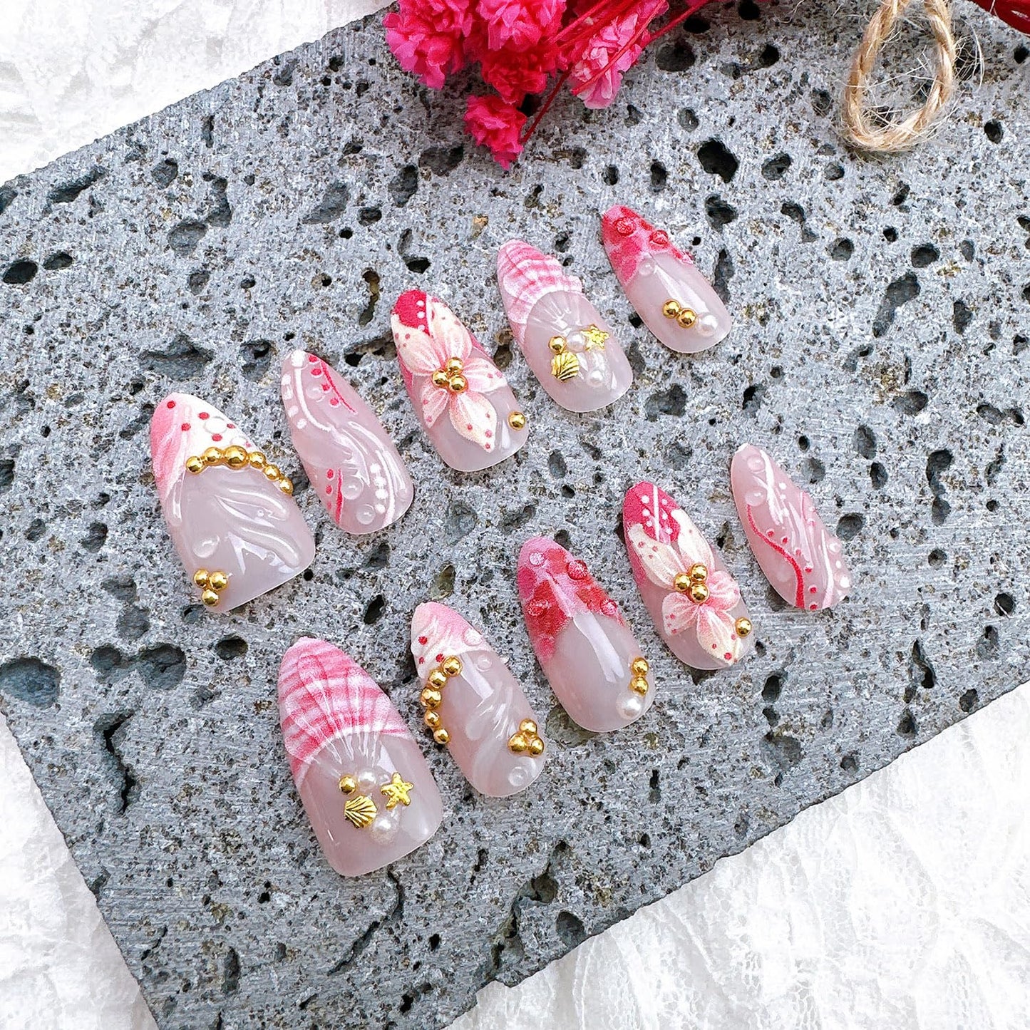 30Pcs Summer Beach Press-On Nails - Medium Almond Acrylic with Gold Seashell & Starfish 3D Designs | Full Cover for Women