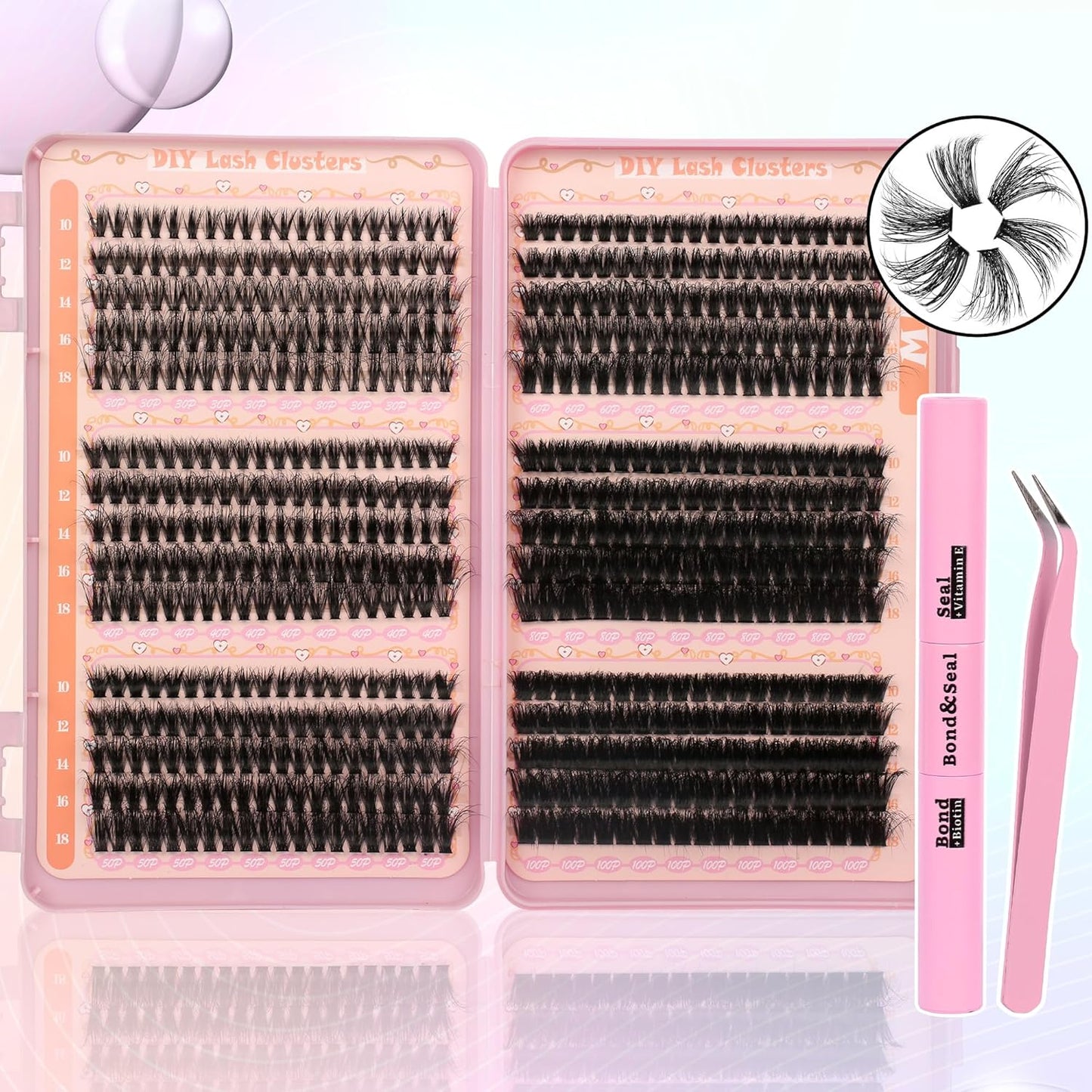 Lash Extension Kit - 640 Pcs Volume C Curl Eyelash Clusters | DIY Cluster Extensions with Bond & Tweezers
