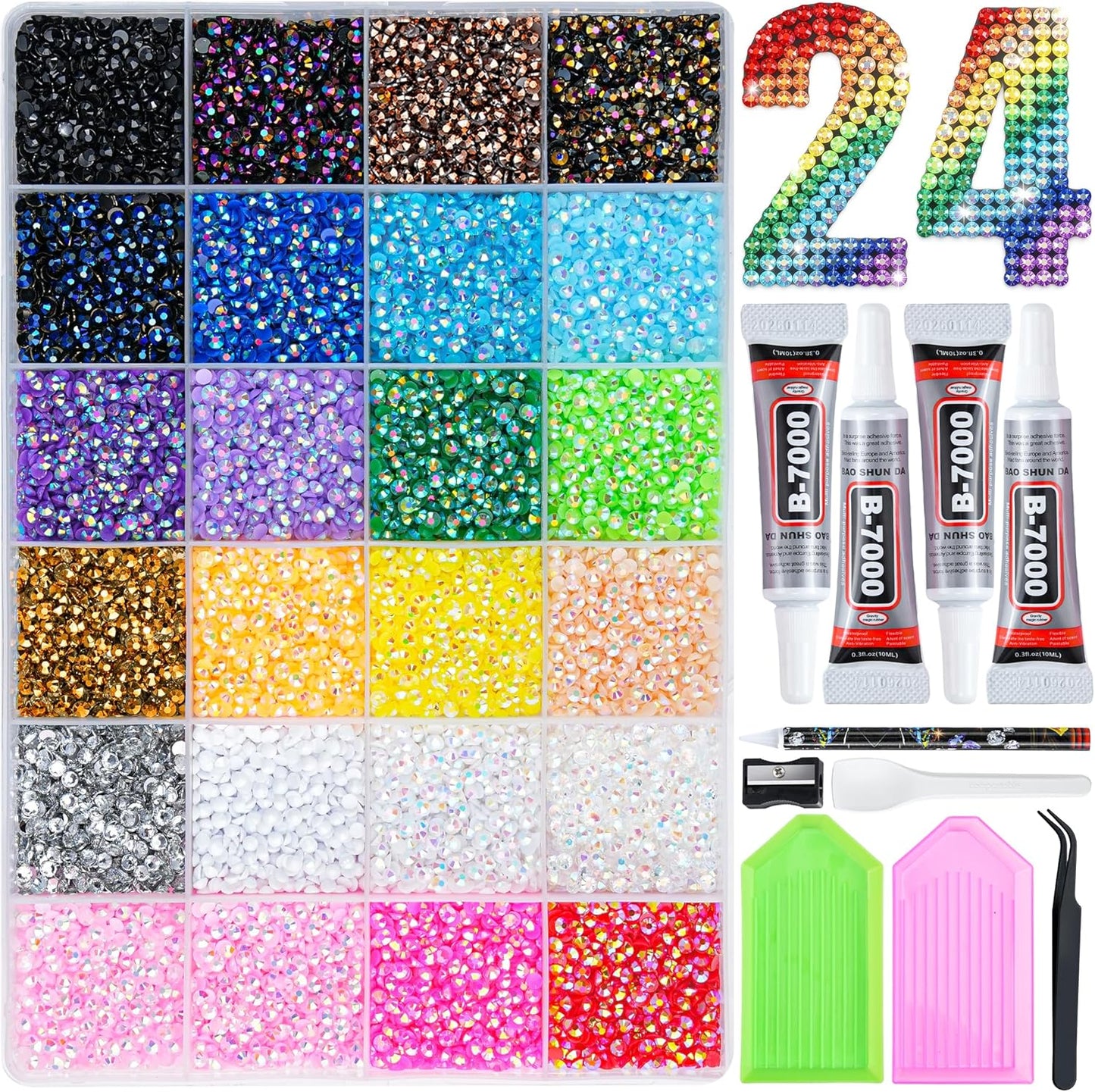 Resin Jelly Rhinestones Kit - 35,000 Multicolor 3mm Flatback Gems + 4 B7000 Jewelry Glue & Tools | DIY Arts & Crafts Set