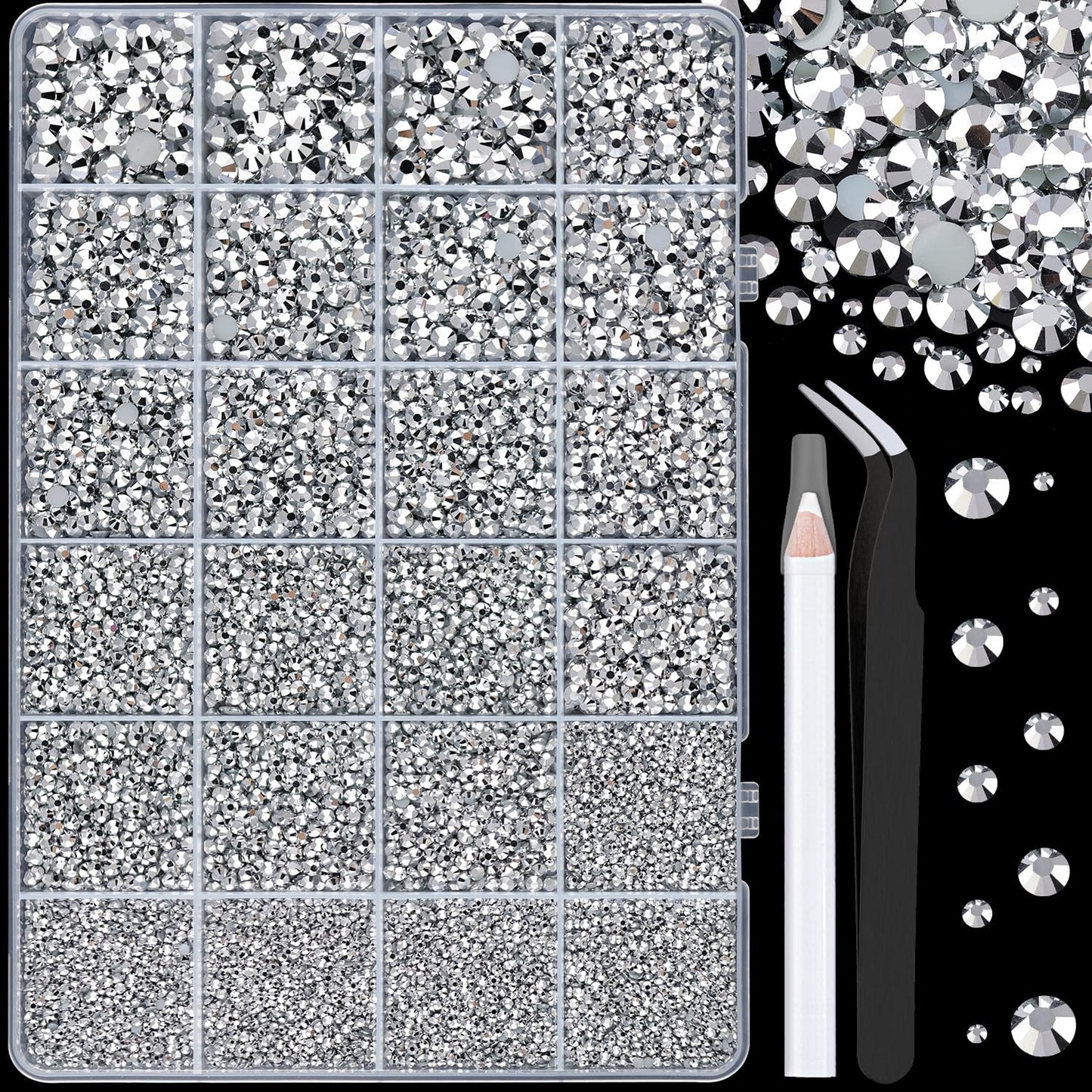 Resin Rhinestones - 32000 Pcs Flatback Gems for Bedazzling | Silver Clear Crystal Kit with 3 Pcs B7000 Glue for Nail Art & Crafts