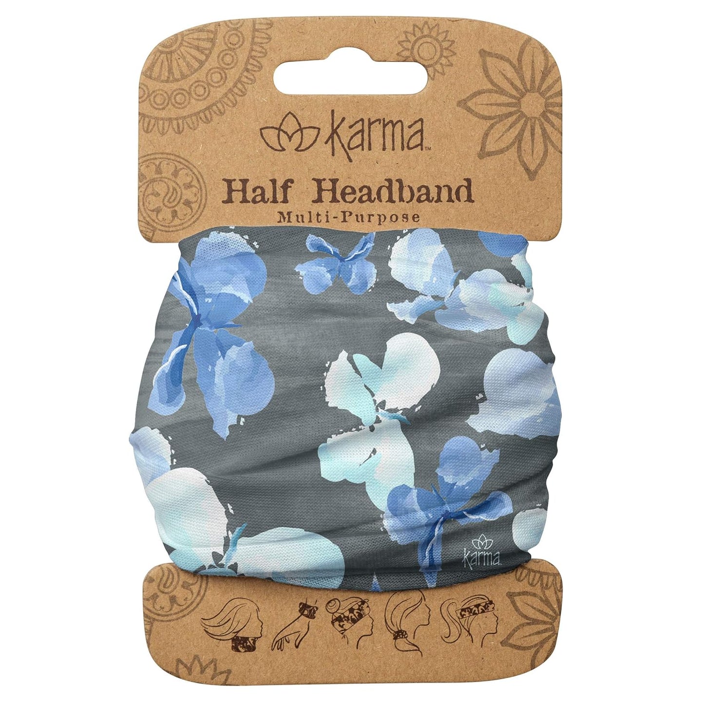 Floral Headband for Women | Stretchy Fabric Hair Scarf - Light Tan & Blue - Medium Size