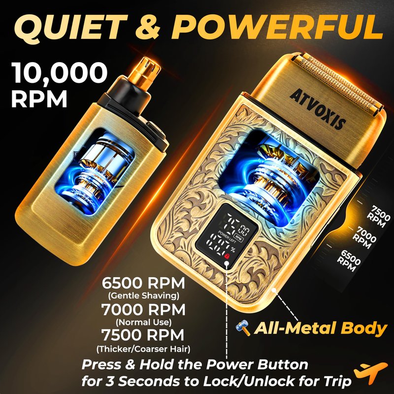 All-Metal Close Shave 3-Speed Foil Shaver for Men: 10,000 RPM Electric Nose & Ear Hair Trimmer Cordless Rechargeable USB-C Fast Charging Charger Included Travel Case (Bronze)