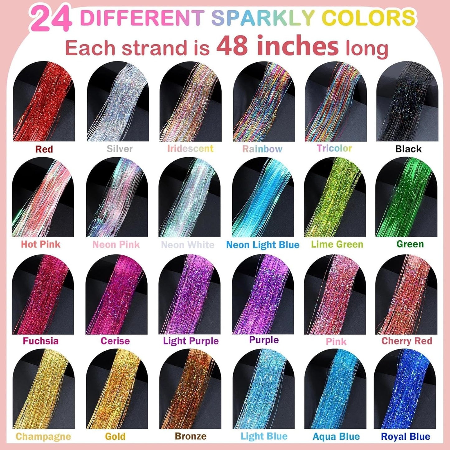 Hair Tinsel Kit - 8400 Strands Colorful Glitter Extensions | 24 Colors, 48 Inches, Heat Resistant for Parties & Concerts