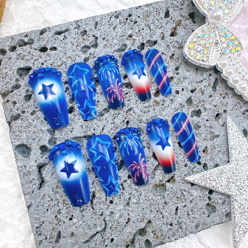 24Pcs 4th of July Press-On Nails - Medium Square Acrylic Nails with Blue Rhinestones & Patriotic Star Designs | Independence Day Full Cover