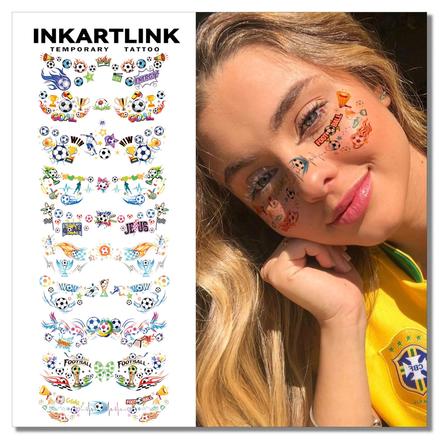 INKARTLINK 10 Sheets Soccer Face Temporary Tattoos, Sport Theme Football Makeup Decals, Europa World Cup Party Decoration Tattoo Stickers for Game Day, Fan Events & Costume Accessories.