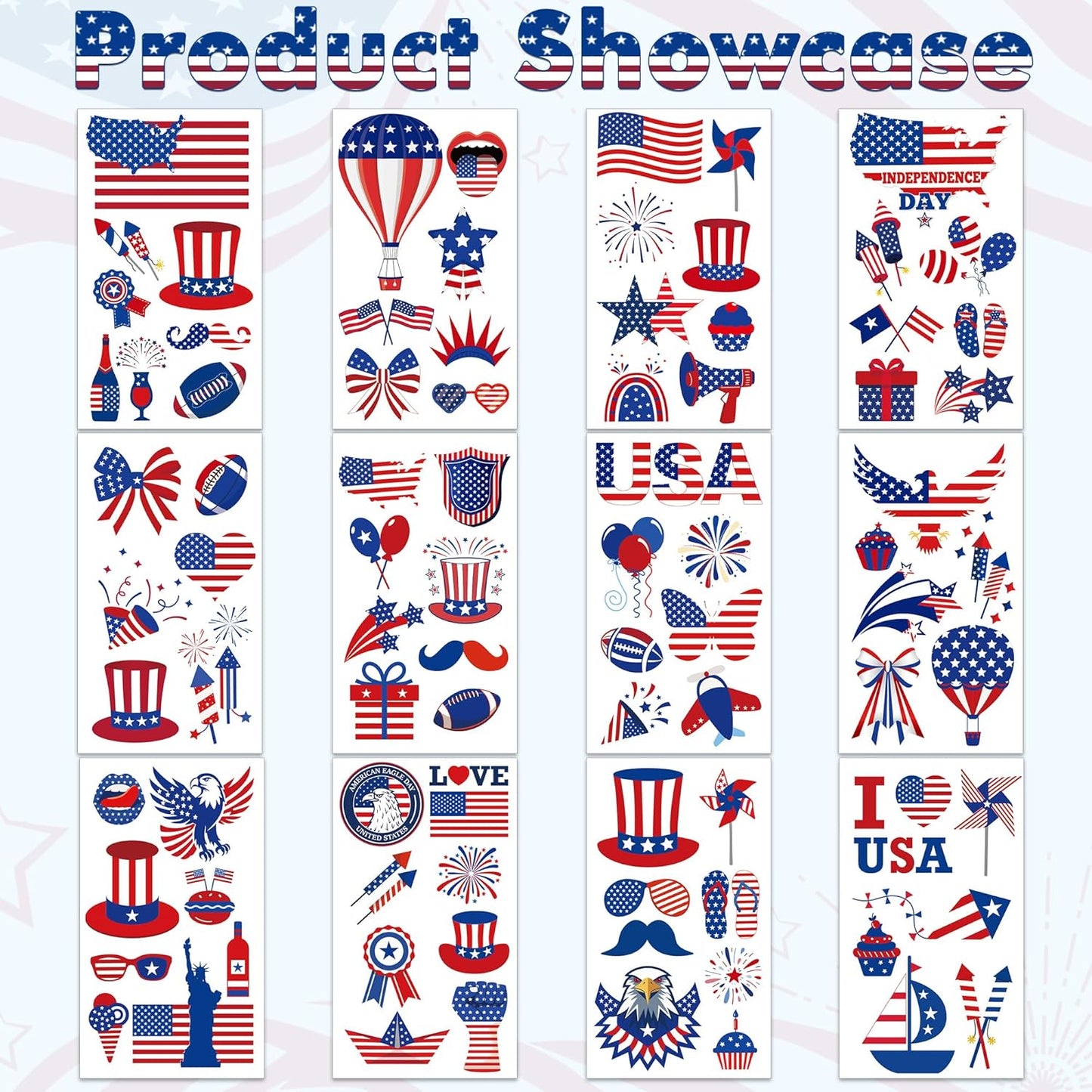Fourth of July Tattoos for Kids - 106 PCS Patriotic Temporary Stickers | American Flag Red, White & Blue Decor