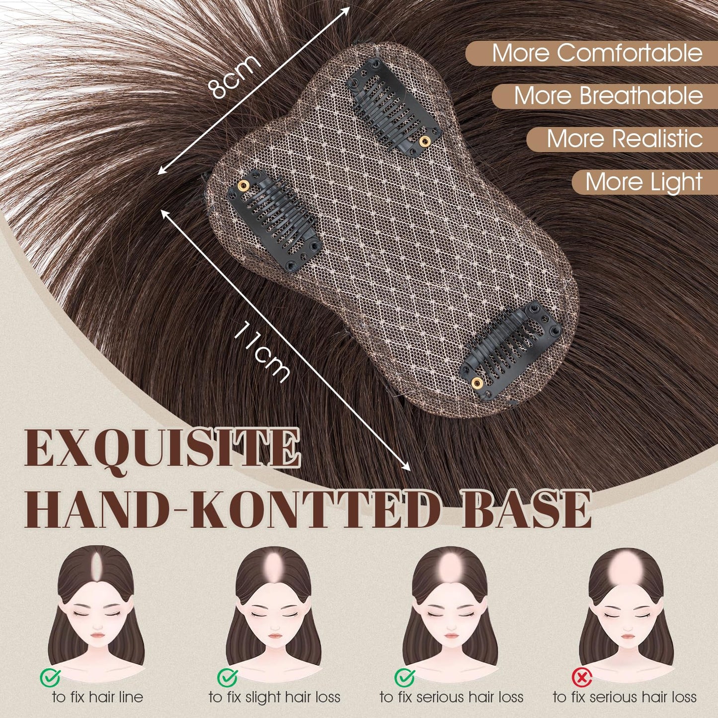Rich Choices Hair Toppers Real Human Hair for Women 100% Human Remy Toppers With 3D Bang Hair Toppers For Thinning Hair Wispy Air Bang Hairpieces 10 Inch #06 Light Brown