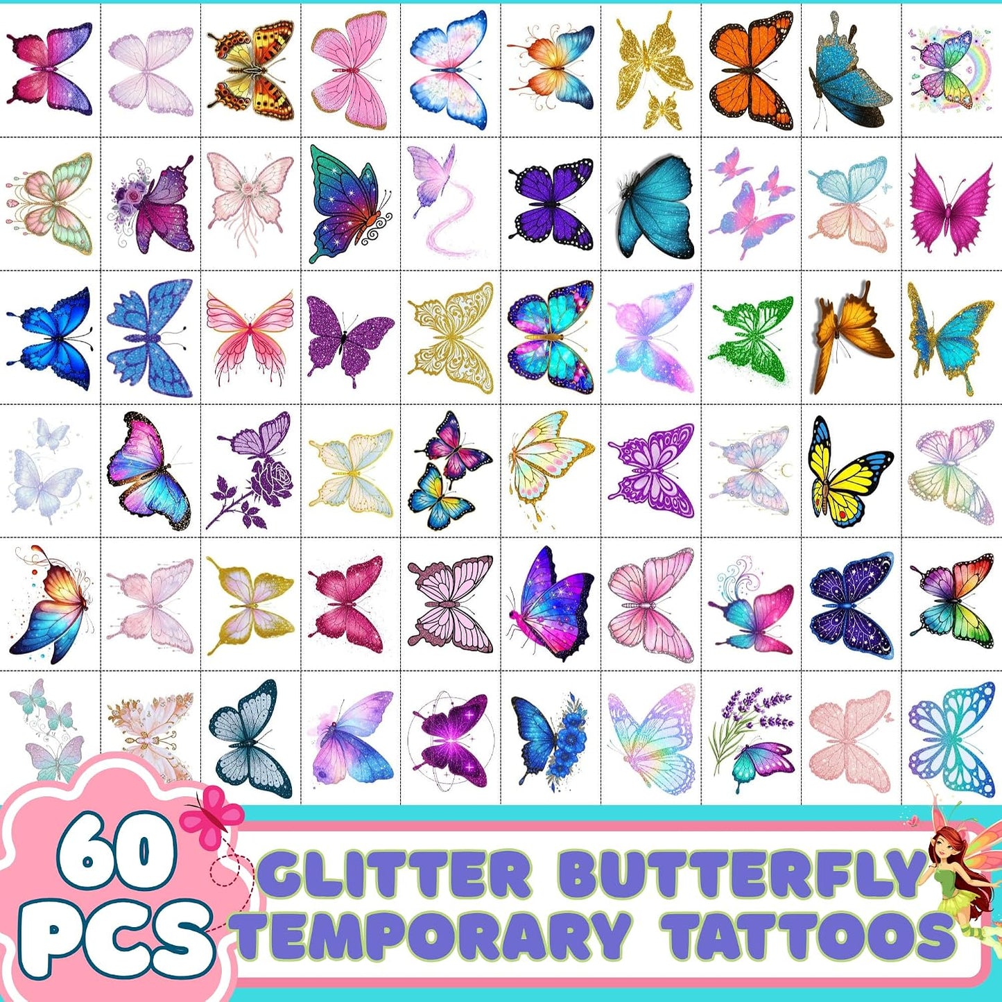 Glitter Butterfly Temporary Tattoos - Fun Party Favors for Kids & Teens | 60 Pre-Cut Stickers, Perfect for Birthday Celebrations