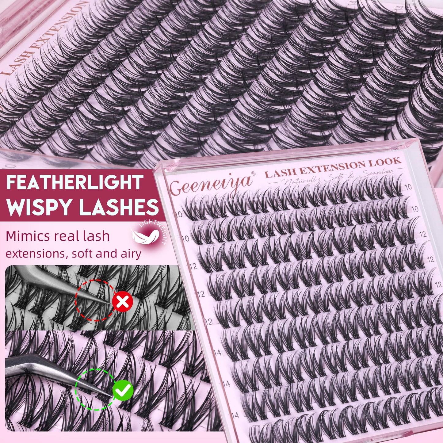Geeneiya Wispy Lash Clusters Natural Eyelash Clusters 10-16mm Spider Lashes Clusters C Curl Cluster Eyelash Extensions Flaunt Individual Lashes DIY Lash Extension at Home for Natural Look