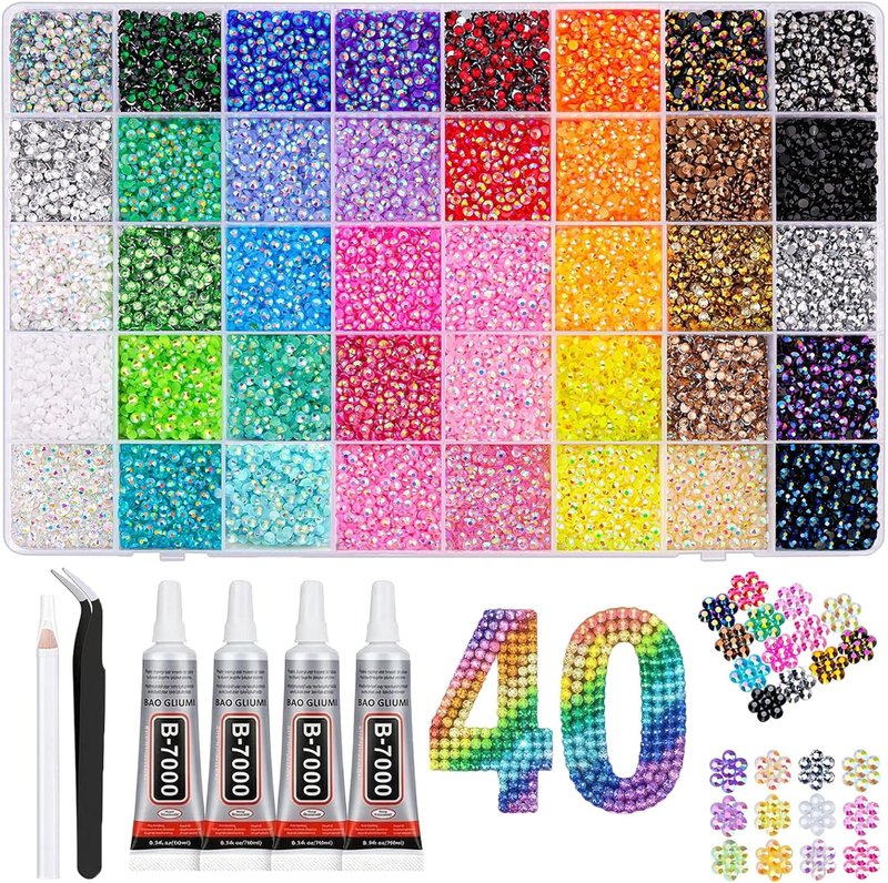 Resin Jelly Rhinestones Kit - 40,000 Pcs Flatback Gems with 4 B7000 Glue Tubes | 40 Colors, DIY Craft Supplies