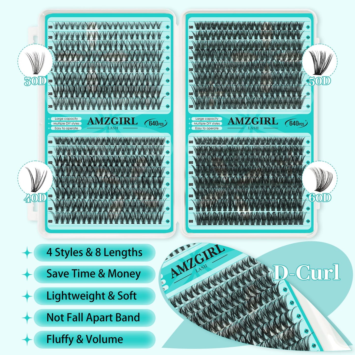 Lash Clusters Kit 640Pcs, Eyelash Clusters Extensions Kit 30D+40D+50D+60D, Lash Bond and Seal Waterproof, Lash Remover and Tweezers and Function Brush for DIY Lash Extension Kit(D-Mix9-16mm Kit)