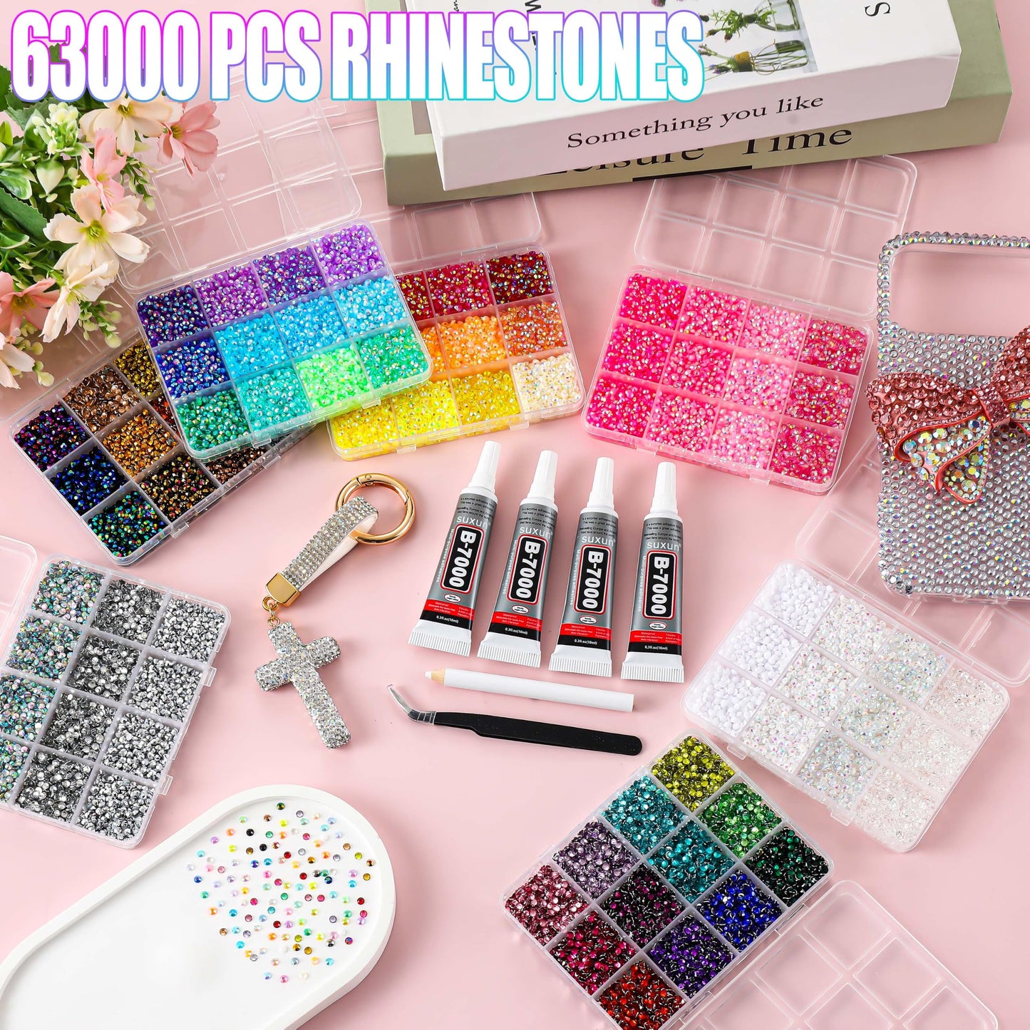 LERBOU 63000Pcs Bedazzling Kit with 7 Box – 59 Colors Rhinestones, 3mm Flatback Sparkling Gems with 4×10ml B7000 Jewelry Glue, Tweezers & Pickup Pen for Nail Art, Crafts, Clothing, Diamond Painting