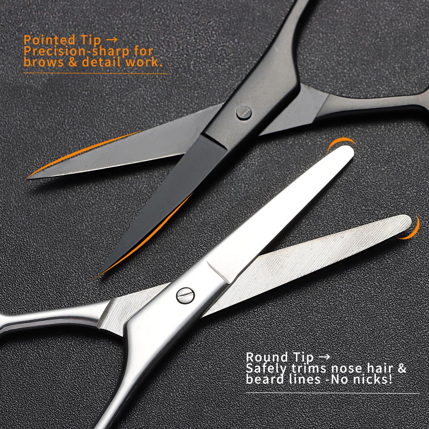 2PCS Small Grooming Scissors for Men and Women, Facial Hair Trimming Scissors with Straight & Rounded Safety Tips for Eyebrows, Nose Hair, Beard, Mustache, Eyelashes, and Ear Hair - Silver & Black