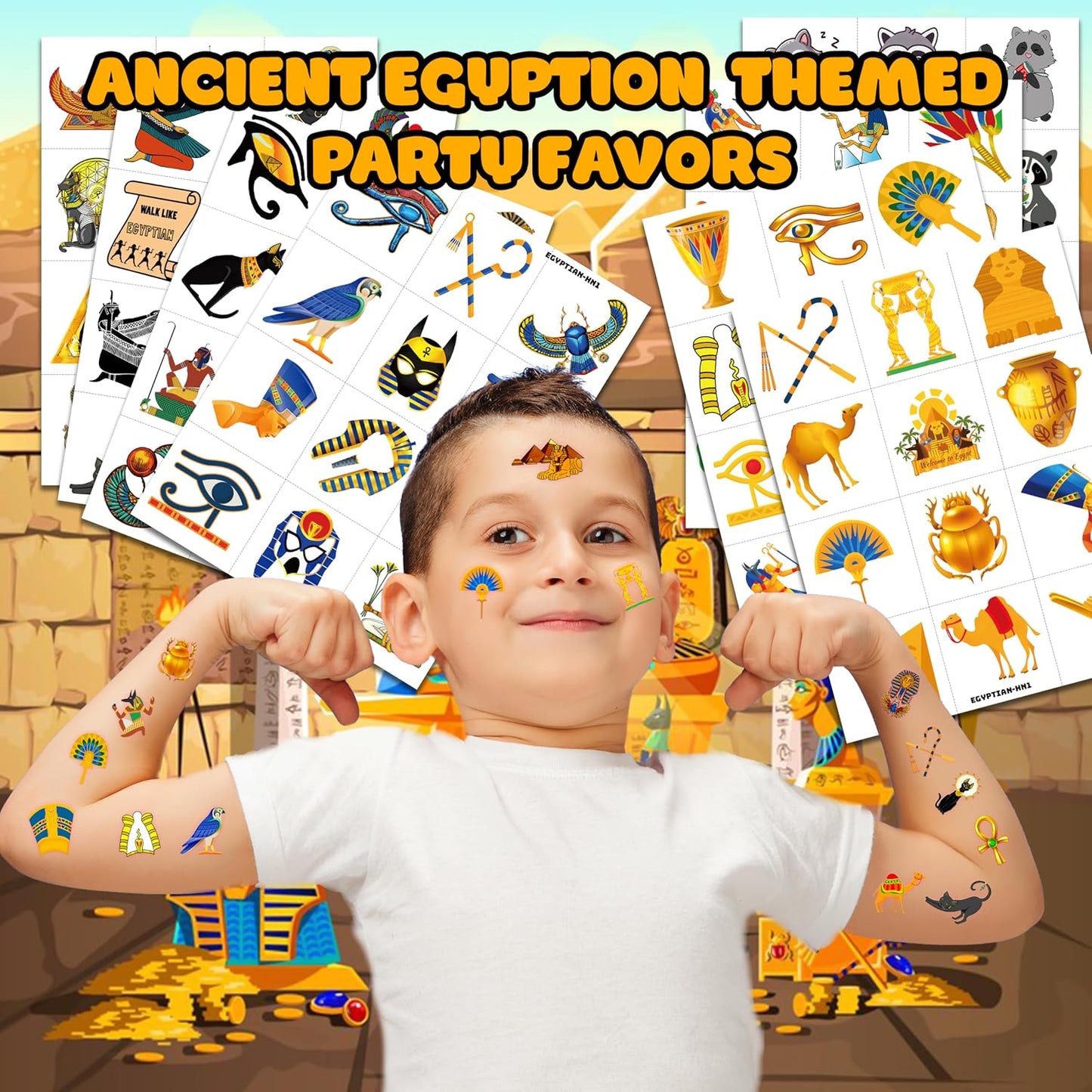 Ancient Egypt Temporary Tattoos - 96PCS Pre-Cut Pharaoh, Sphinx & Pyramid Designs | Perfect for Kids' Parties & School Projects