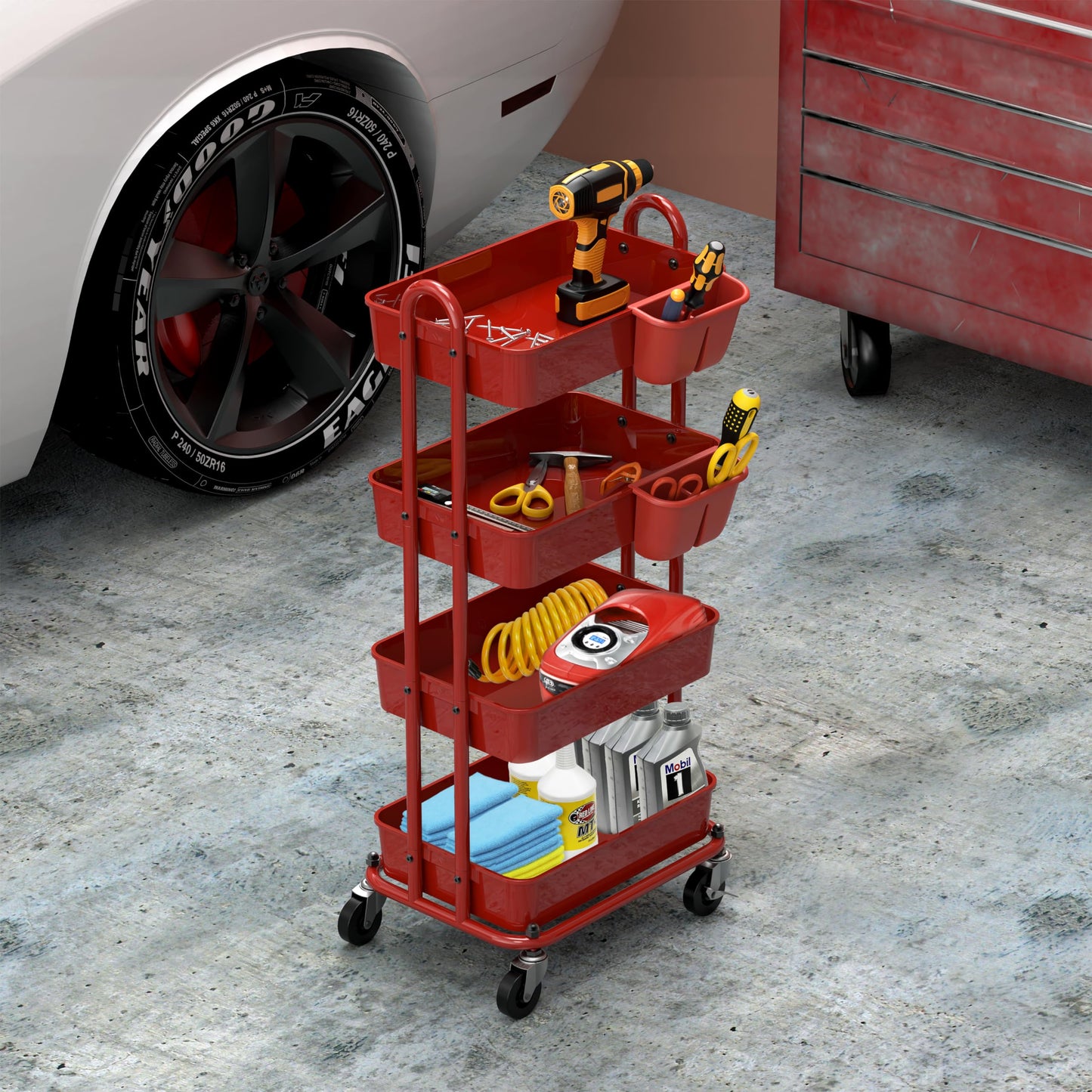 Simple Houseware 4-Tier Rolling Utility Cart with Hanging Bucket, Red