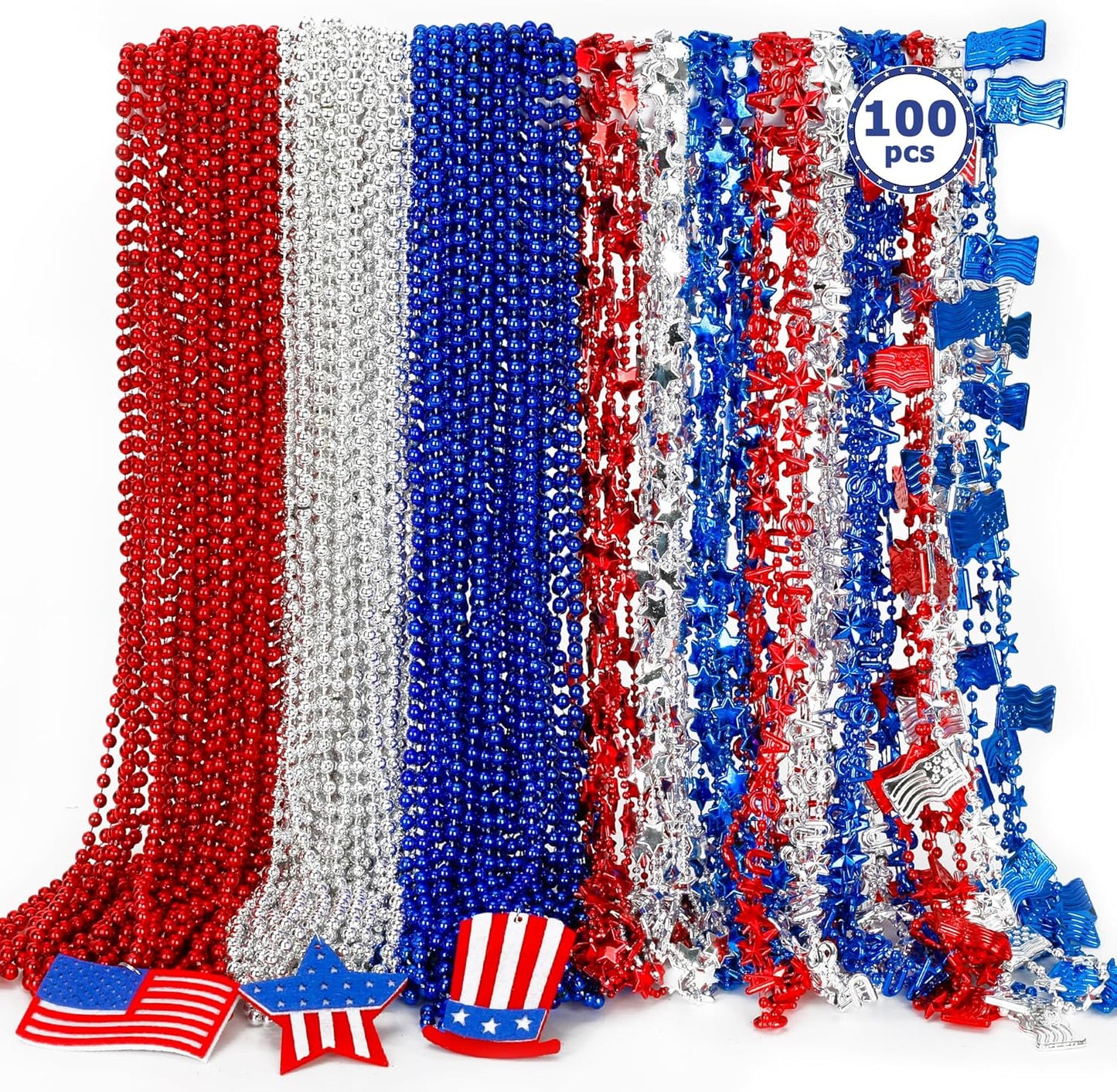 Patriotic 4th of July Necklace Set | 12PCS Red, White & Blue Beads with USA Flags for Independence Day Celebrations