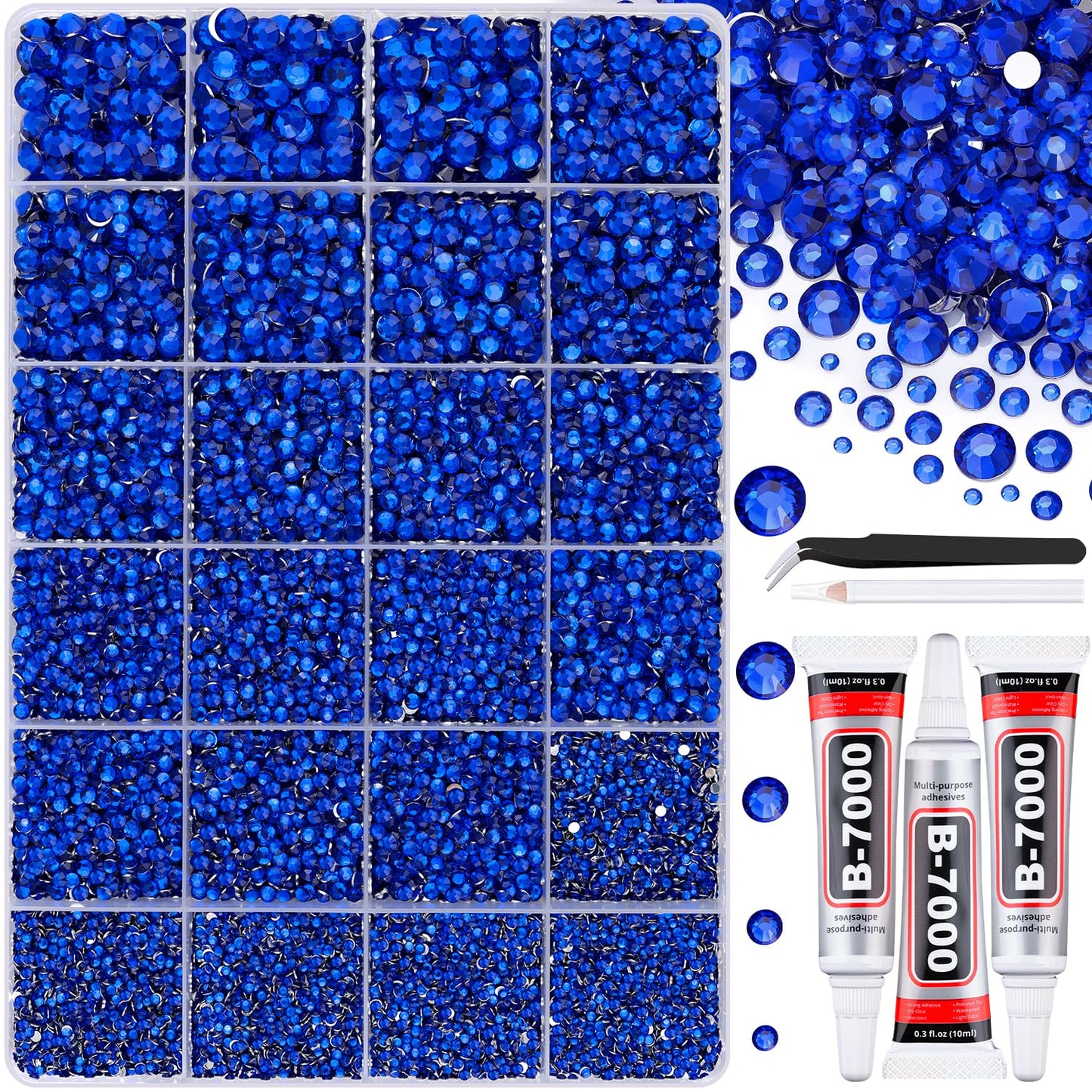 Resin Rhinestones - 32000 Pcs Flatback Gems for Bedazzling | Silver Clear Crystal Kit with 3 Pcs B7000 Glue for Nail Art & Crafts