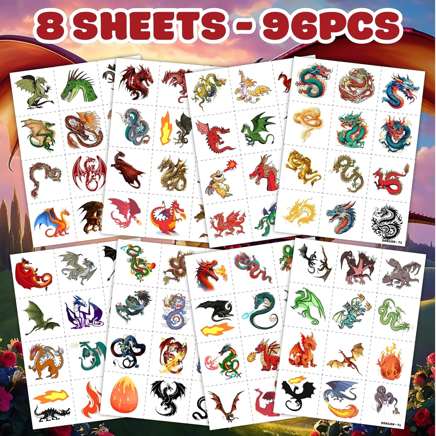 Dragon Temporary Tattoos - 96PCS Pre-Cut Stickers for Kids | Birthday Party Favors & Classroom Rewards