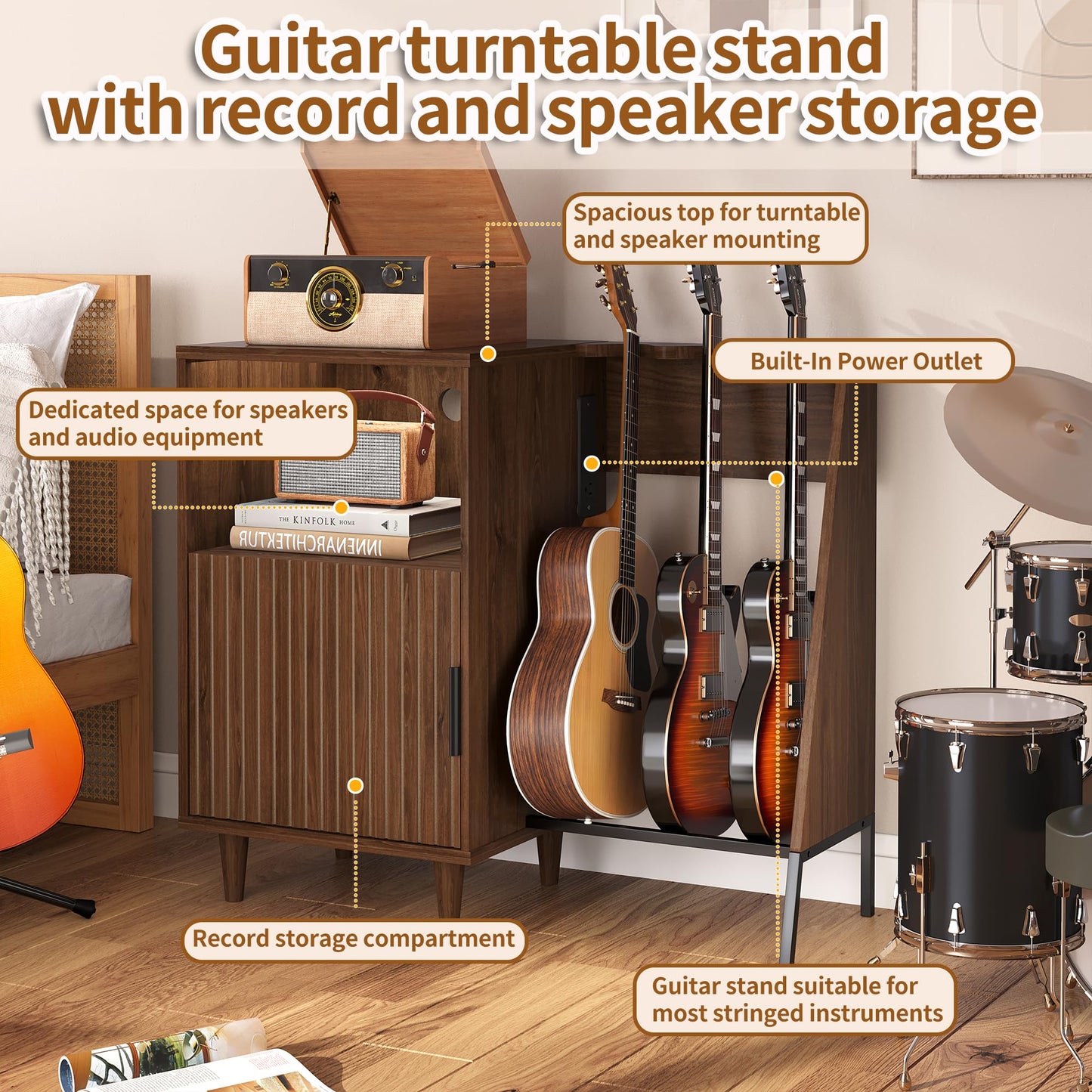 WLLPNG Guitar Stand with Vinyl Record Storage, Record Player Stand with Multiple Guitars Holder, Built-in Power Outlet, Guitar Amp Stand for Acoustic, Electric Guitar, Bass, Speaker, Amp