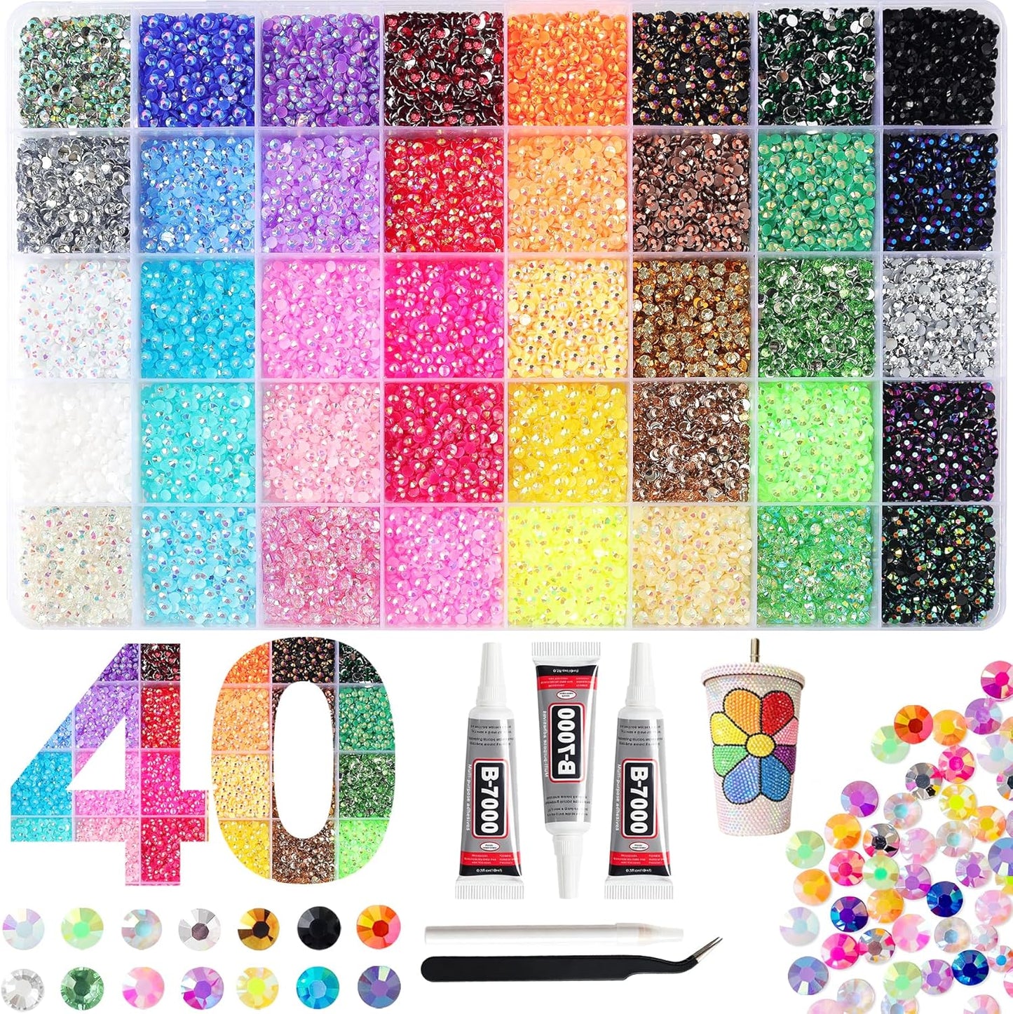 Jelly Resin Rhinestones - 50000 Pcs Multicolor Flatback Gems for Diamond Art | 3mm Crafting Kit with B7000 Jewelry Glue