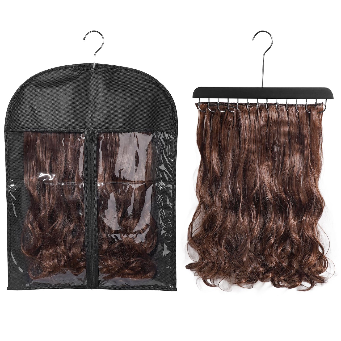1 Pack Hair Extension Hanger with Clear Dustproof Bag, 14 Hooks Weft Organizer, Tangle-Free Storage Rack for Styling, Washing, Drying (23.6x17.7inch)