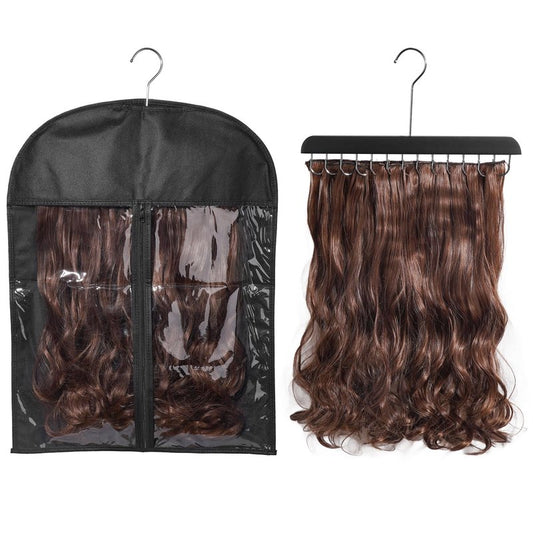 1 Pack Hair Extension Hanger with Clear Dustproof Bag, 14 Hooks Weft Organizer, Tangle-Free Storage Rack for Styling, Washing, Drying (23.6x17.7inch)